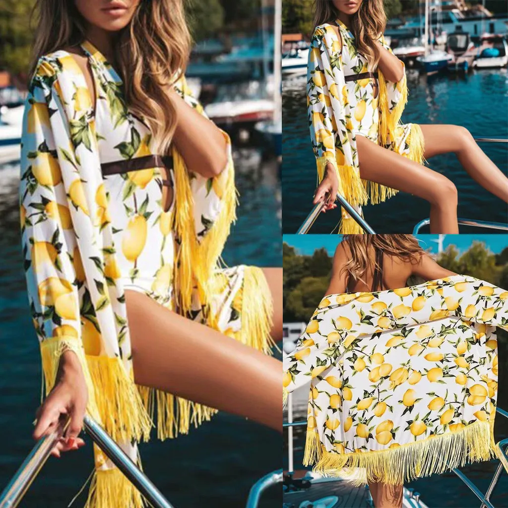 

2019 New summer beach Fashion Womens Chiffon Printing Tassels Sandy Beach Cardigan Smock Easy Tops Beachwear Swimwear Bathing