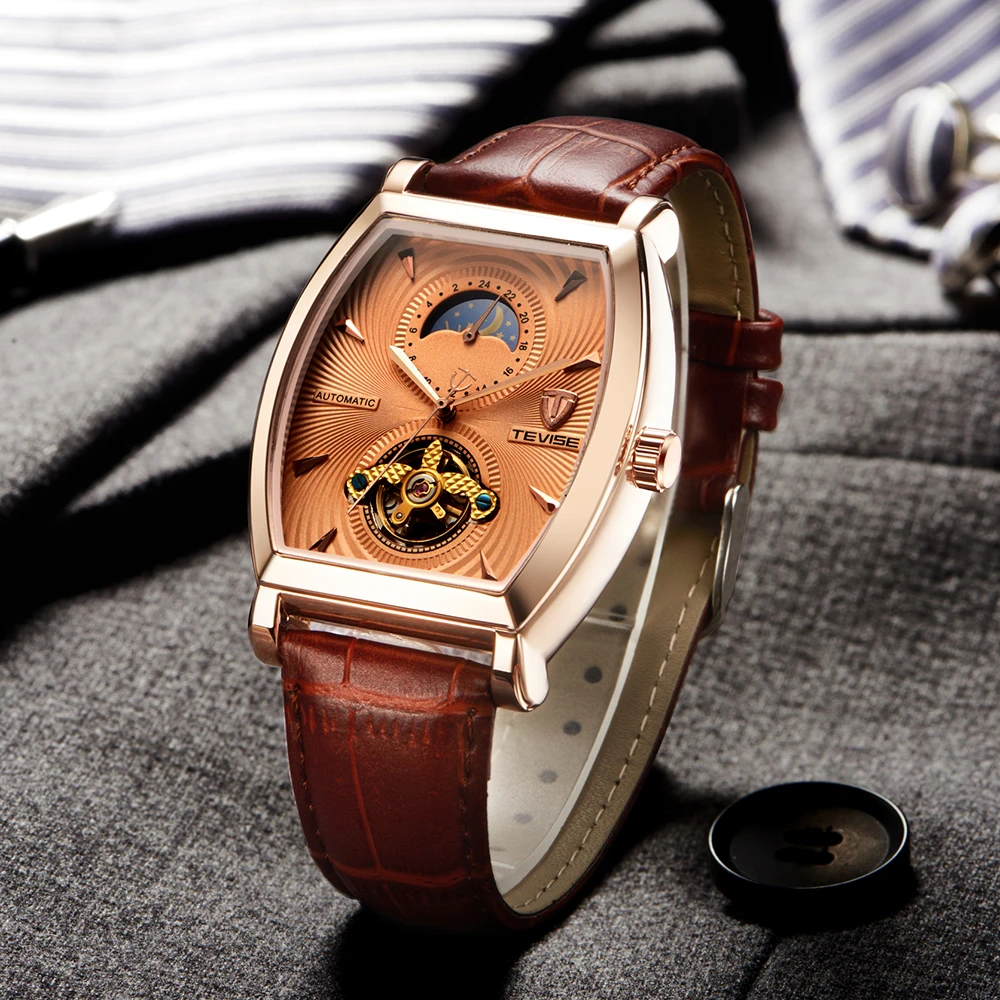 TEVISE Mens Watches Tonneau Moon Phase Automatic Watch Waterproof Self-Wind Mechanical Wristwatches Leather Strap + Box 8383D (2)