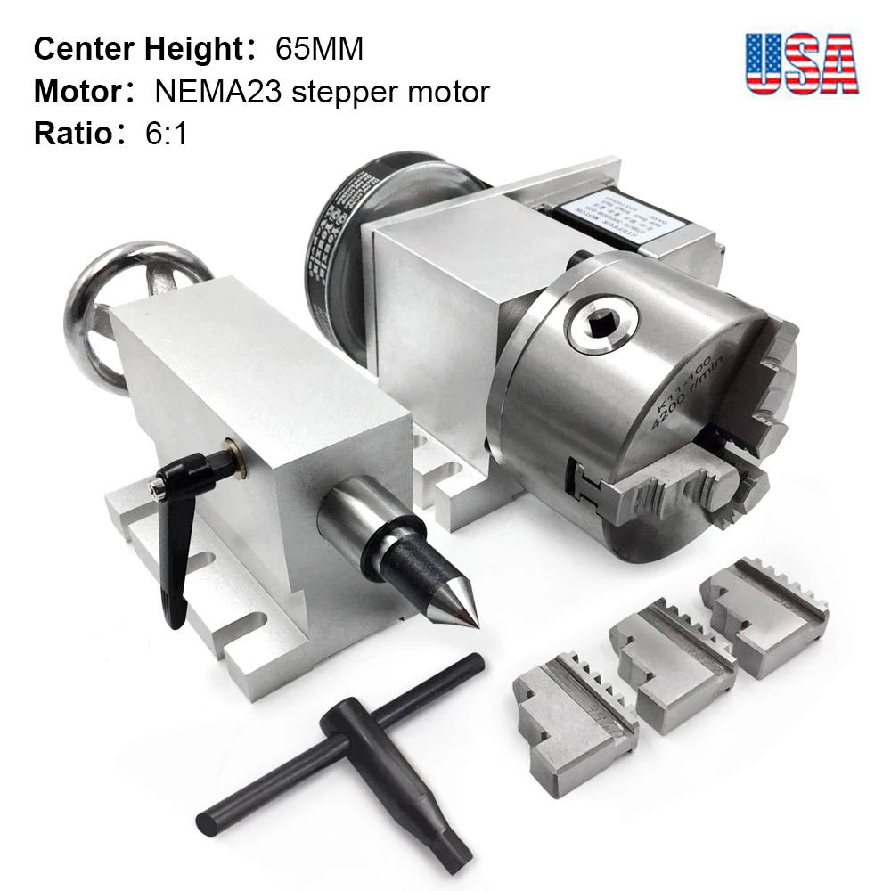【EU】CNC Router Tailstock Rotary 4th Axis 3 Jaw 100mm Chuck Rotational A-Axis 6:1 