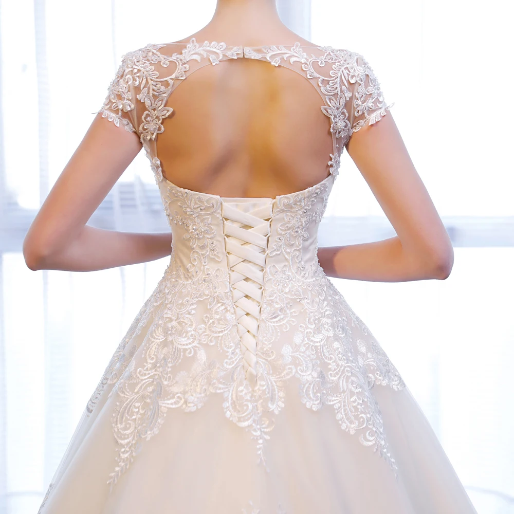 SL-307 Customized Short Sleeve bridal dresses Lace Appliques Beach Vintage SuLi Wedding Dress woman wedding gowns for bride 6