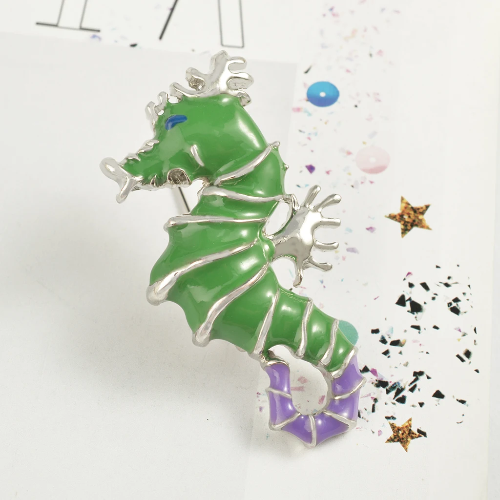 Fashion Women Popular Ocean Style Charm Cute Elegant Exquisite Green &Purple Oil Paint Alloy Seahorse Shape Brooch Pin Jewelry