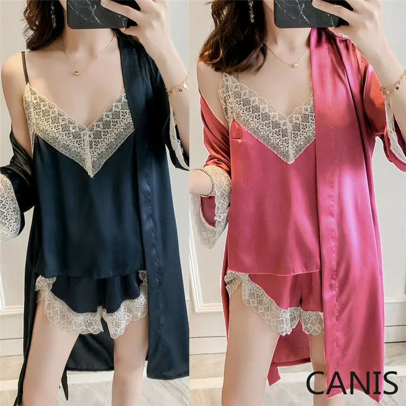 Blusas mujer de moda 2019 женская одежда для сна комплект из 3 предметов кружевная мягкая топ