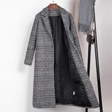 Осень зима шерстяное женское клетчатое длинное пальто с карманами для офиса модное Брендовое Женское пальто с отворотом и длинным рукавом WJ54