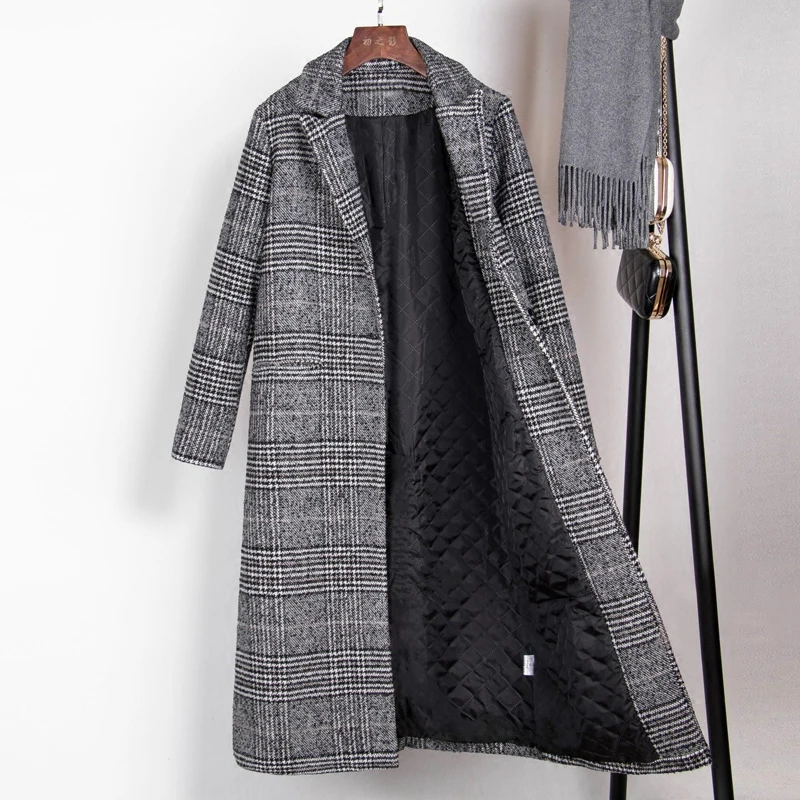 

2019 Autumn Winter Wool Women Plaid Pockets Blends Office Work Long Coats Fashion Brand Lady Lapel Long Sleeve Blends WJ54