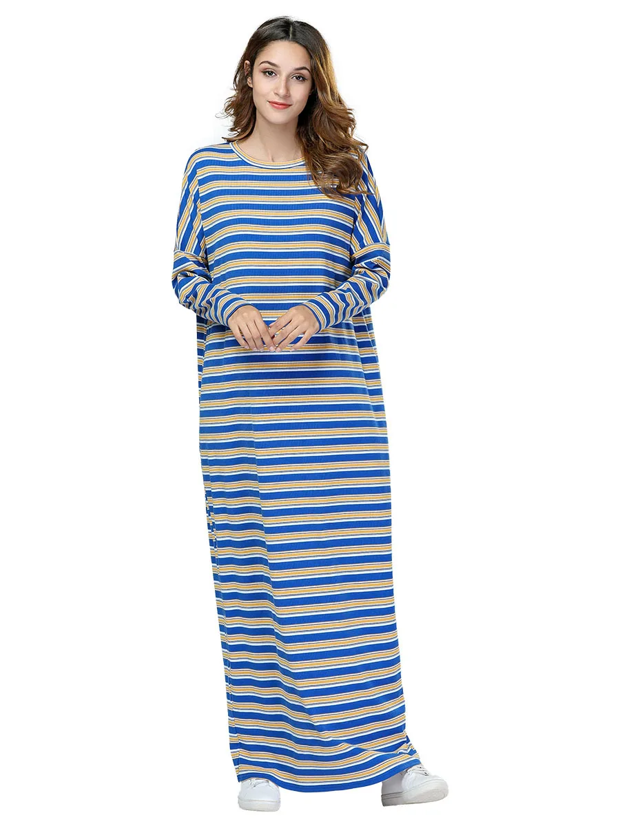 

Cotton Striped Arabic Dress Straight Long Sleeves 4XL Plus Size Casual Women Muslim Abaya Kaftans