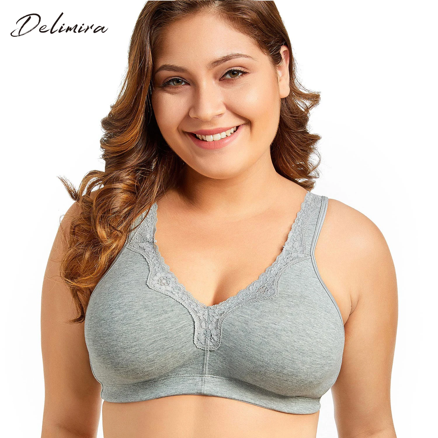  Delimira Women's Lace Non-Foam Comfort Cotton Wire-Free Plus Size Bra