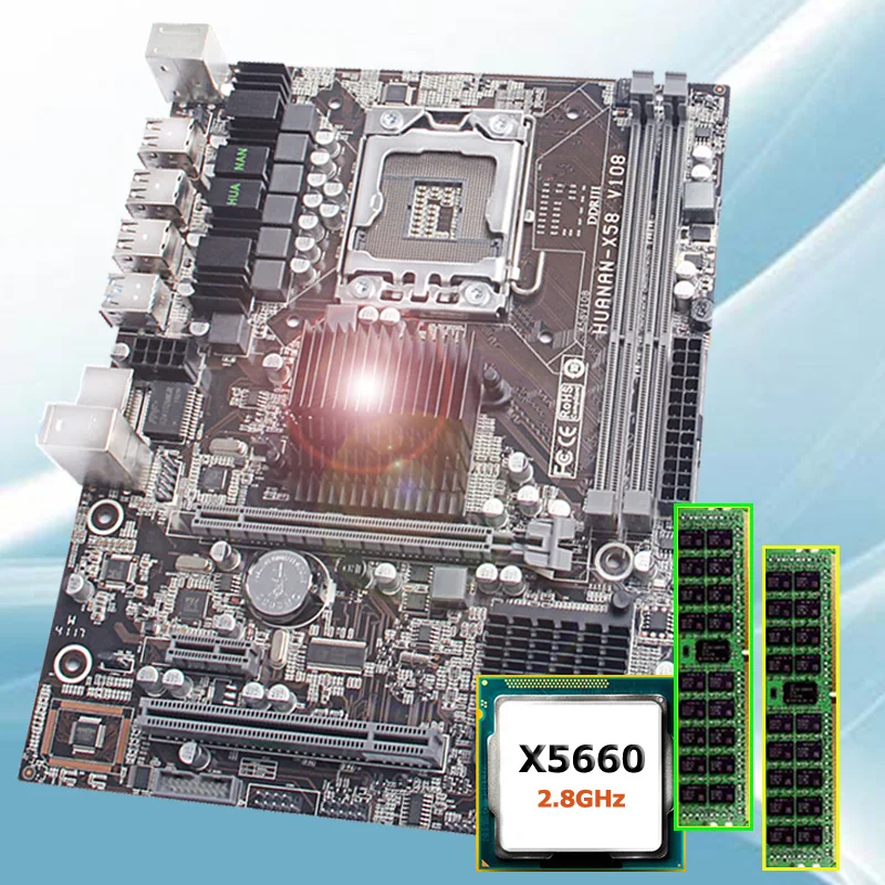 Best Price Discount brand motherboard bundle HUANAN ZHI X58 LGA1366 motherboard with CPU Intel Xeon X5660 2.8GHz RAM 8G(2*4G) DDR3 REG ECC