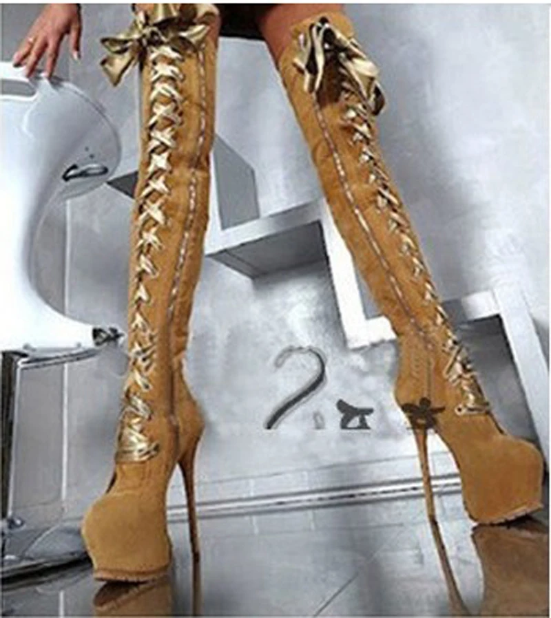 

Ladies Sexy Round Toe Lace-up Over Knee High Platform Stiletto Heel Boots Slim Style Bandage Thigh High Heel Boots Dress Shoes