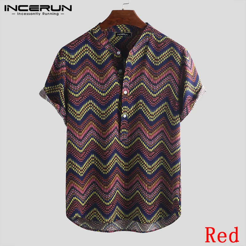 INCERUN Print Men Hawaiian Shirt Stand Collar Camisa Short Sleeve Button Up Tops Vintage Casual Shirts Men Streetwear S-5XL - Color: Red Shirt