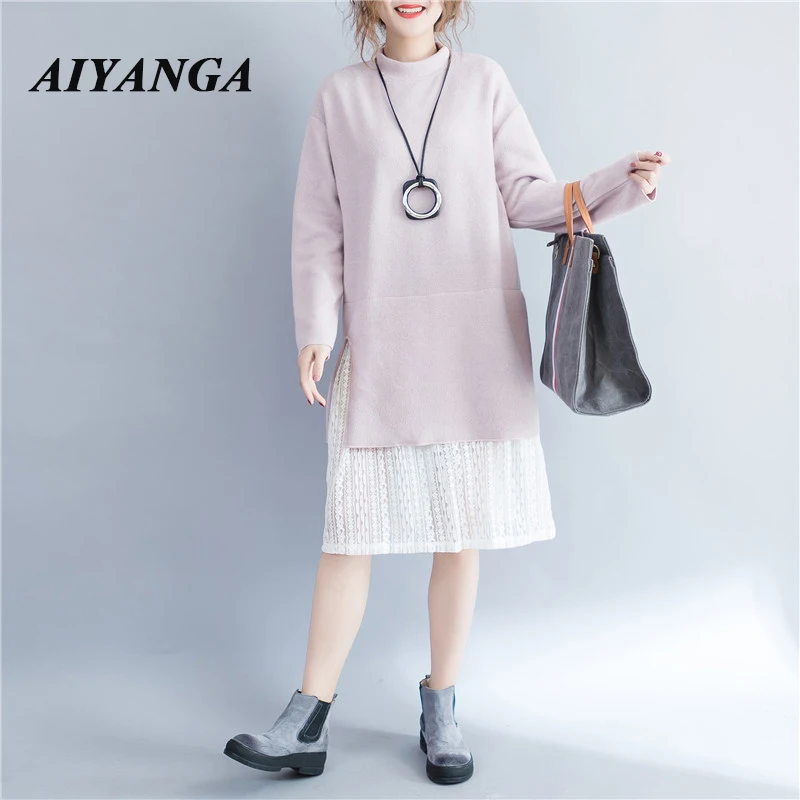 

AIYANGA Women Faux 2 Pieces Stand Collar Dress 2018 New Autumn Winter Loose Lace Patchwork Dresses Female Pink Pullover Vestidos