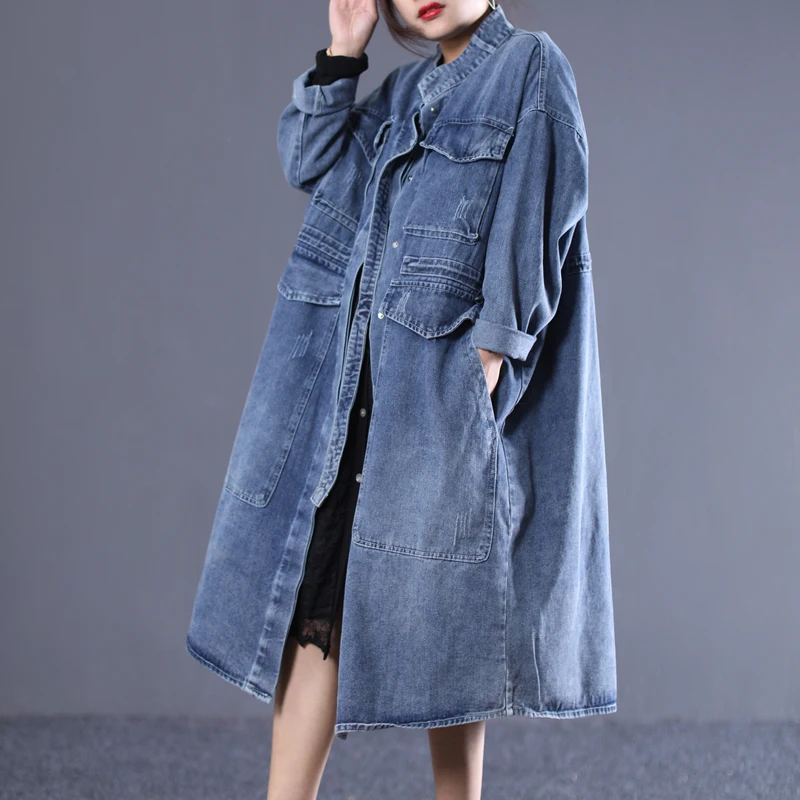 

2019 female new autumn Korean style plus plus size trench literary with large pocket long section white loose denim outerwear