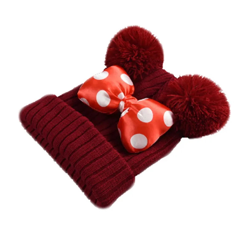Детская шапка с большим бантом на осень и зиму, детские вязаные шапки с двойными помпонами для девочек, новые модные теплые уличные шапочки - Цвет: wine red