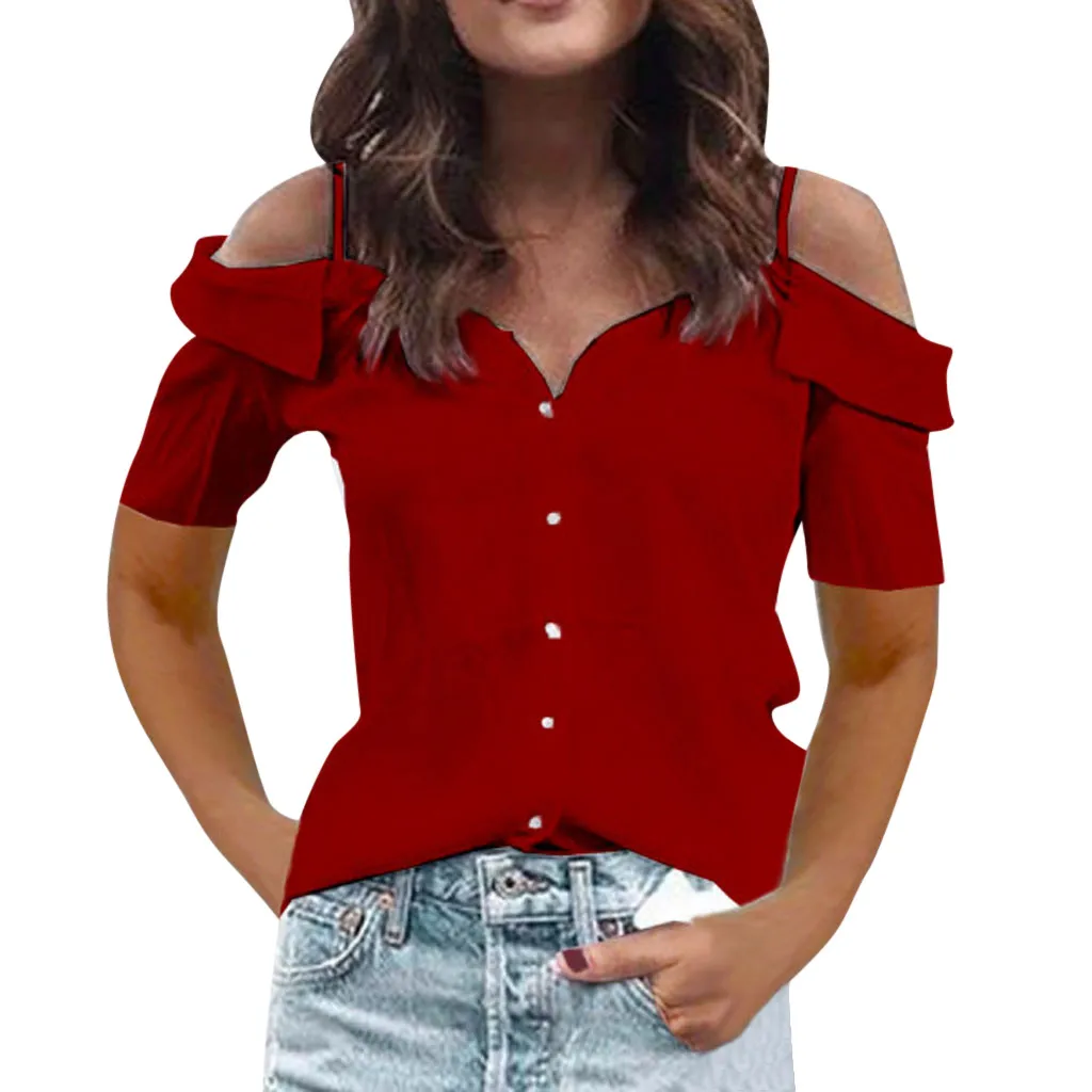 Блузка женская летняя Однотонная рубашка с коротким рукавом и холодным плечом Повседневная Женская Туника Топы и блузки Mujer на элегантных кнопках блузка - Цвет: Красный