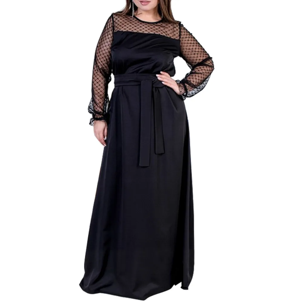 

2019 Women Maix Dress Winter Floor-length Evening Party Dress Black Mesh Sleeve Plus Size Elegant Long Dress Female Vestidos 6XL