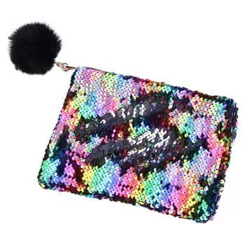 

Large Women Hair Transparent Case Quality Fashion Ball Gold Zipper Double-Sided Sequins Hair Ball Pen Bags Cosmetic Bag