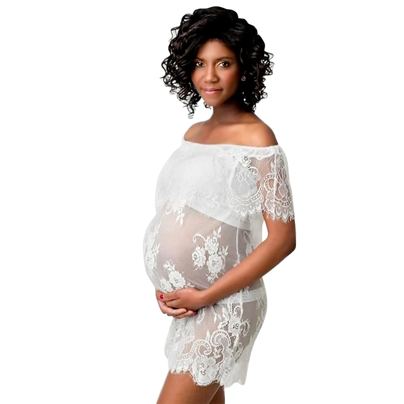 Sexy Lace Dresses White Flower Maternity Photography Props Fashion Pregnancy Dress Photo Shoot 