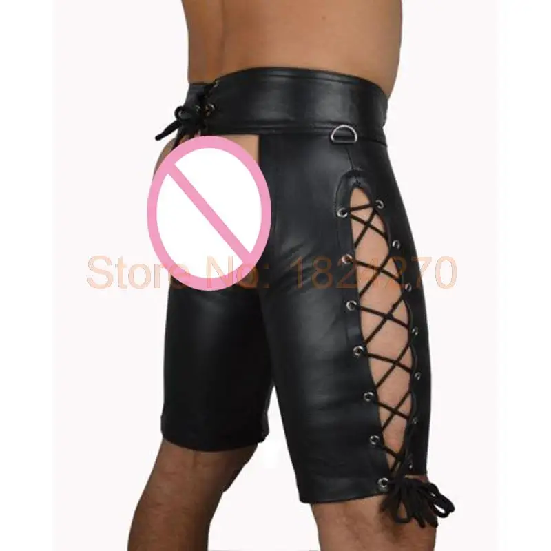 Black Faux Leather Mooning Shorts Male Sexy Lingerie Catsuit Clubwear Men Hot Erotic Fetish Wear Bandage Pants XL XXL Plus Size