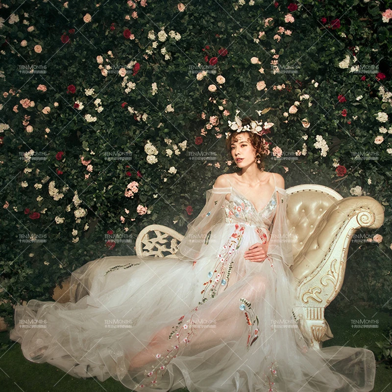 Maternity Photography Props Pregnant Dresses Deep V Collar Clothes Floor Length Embroidery Elegant A Line Photo Shoot | Мать и ребенок