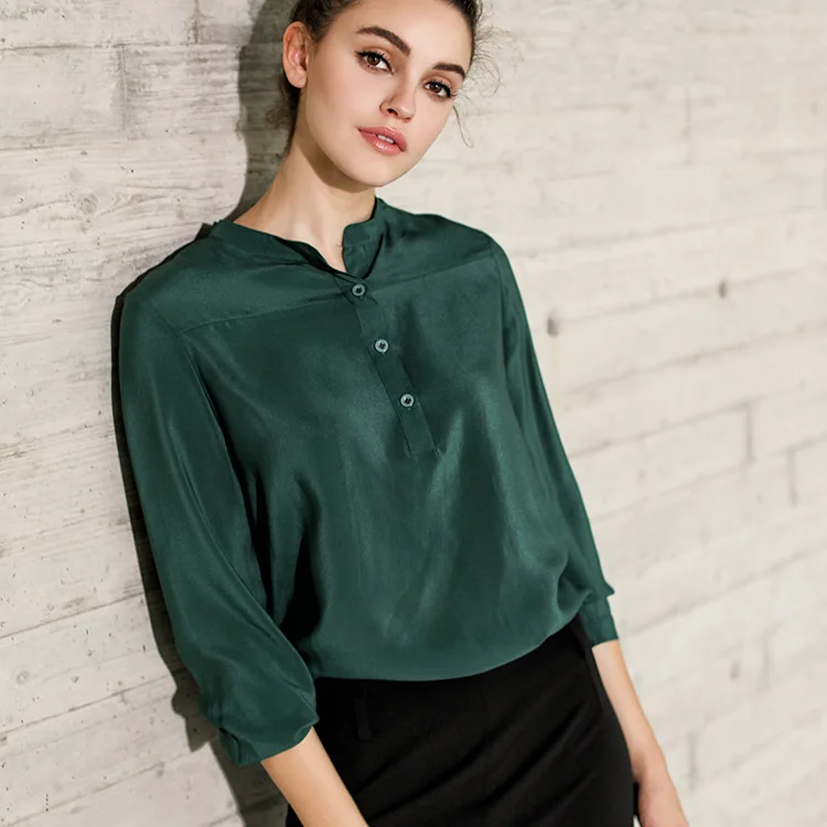 Dark green satin long sleeve dress tops