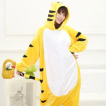 

ANIMALCARTOON 2019 Yellow tiger Flannel Autumn and winter Cosplay Cartoon animals Pajamas for women adult Hooded Pajama sets