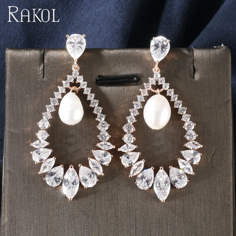 

RAKOL Exquisite Hollow Water Drop Wheat Chokers Imitation Pearl Cubic Zirconal Dangle Earrings Women Anniversary Jewelry