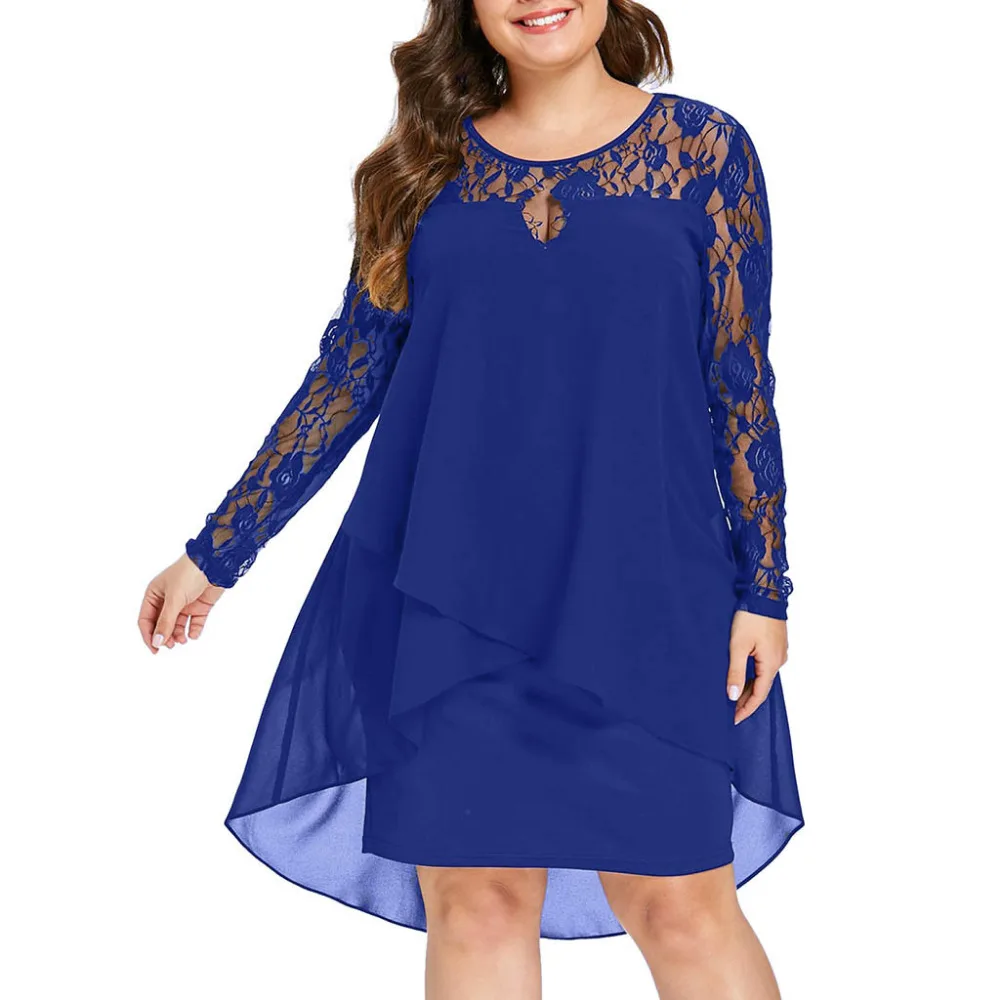 Fashion Women Casual Plus Size Sheer Lace Sleeve High Low Hem O-Neck Swing Dress