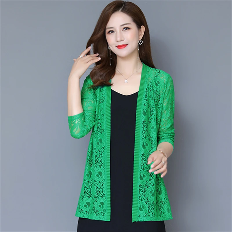 

2019 Summer White Coat women Lace Cardigan Tops Korean Plus Size Long Sleeve shawl Sunscreen Outerwear Loose Ladies jackets 5XL