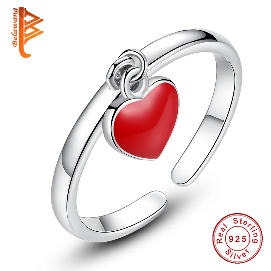 BELAWANG 925 Sterling Silver Red Enamel Pendant Heart Rings for Women Silver Open Ring Engagement Wedding Fashion Jewelry