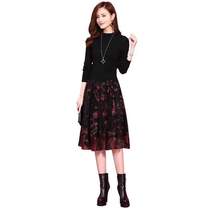 

2 Two Piece Set Women O Neck Long Sleeve Knit Tops and Mesh Lace Stitching Pleated A-Line Skirt Sets Female Slim Thin Sets J83