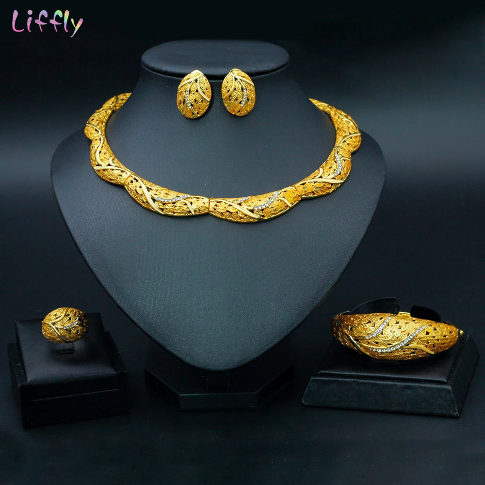 

African Jewelry Sets for Women Dubai Gold Necklace Wave Flower Earrings Ring Fashion Bride Wedding Golden Accessories