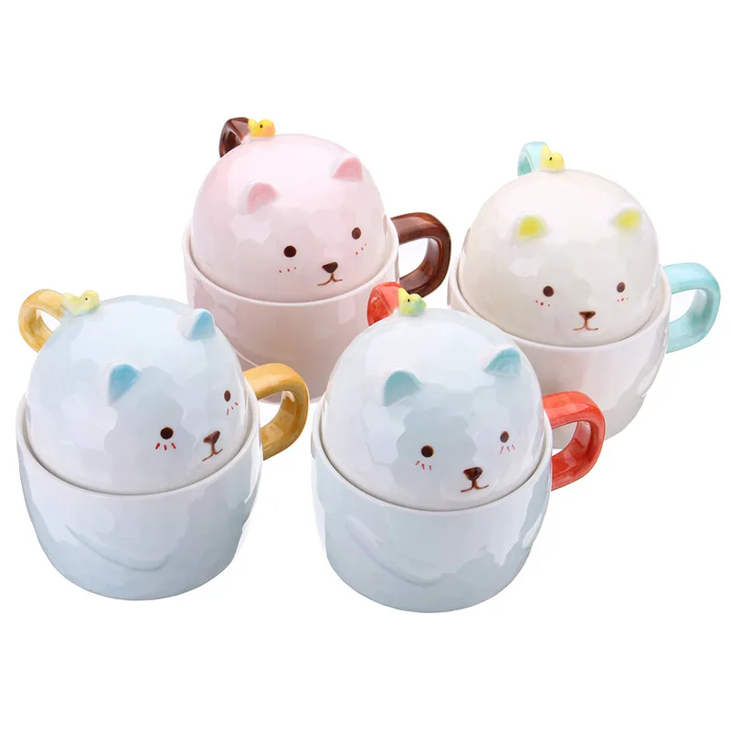 3D Cute Bear Ceramic Mug Blue Pink Yellow Green 3D Coffee Cup Mugs Convenient Create Lid Perfect for using in Home or Office