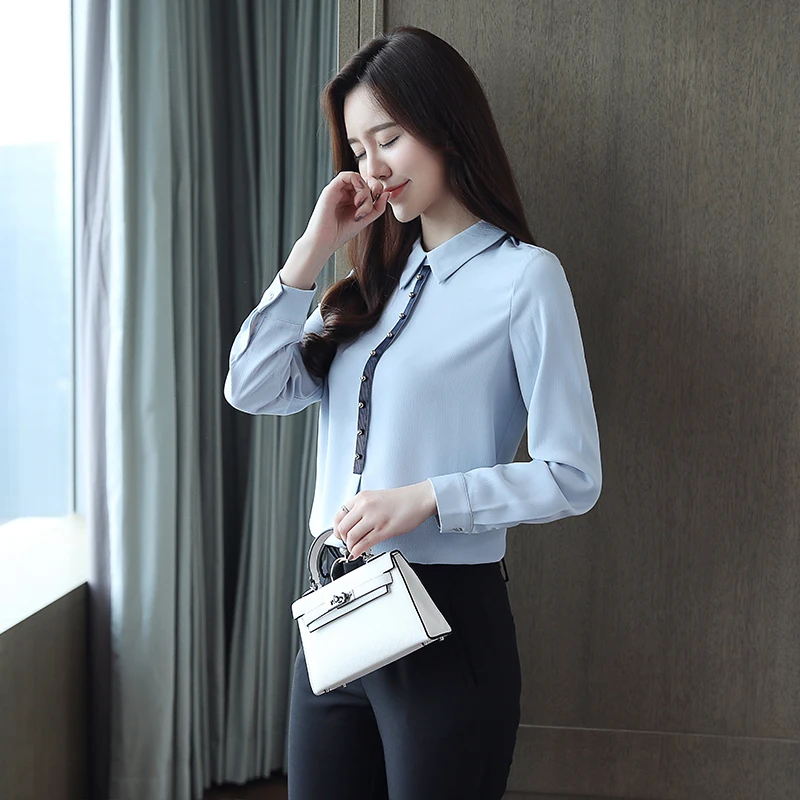  2019 fall chiffon women shirts beads women's long sleeve office lady womens tops and blouses OL blu