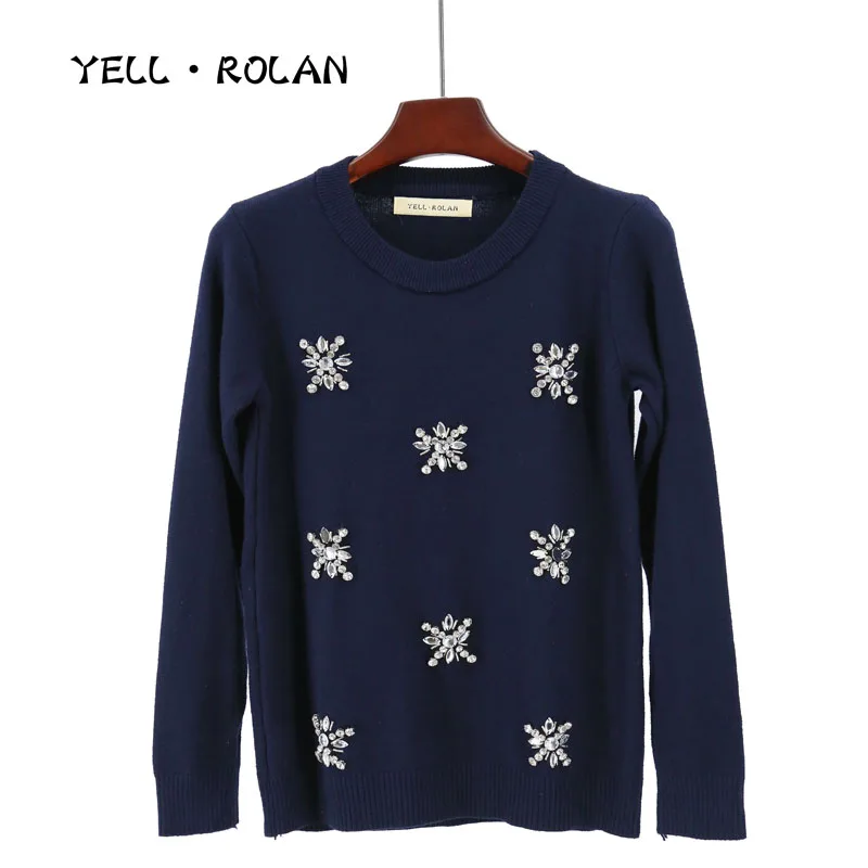 2018 New Design Women Spring Casual Warm Knitted Pullover Clothing O-Neck Simplee Long Sleeve Sweaters with Zircon Loose Sweater Sweaters