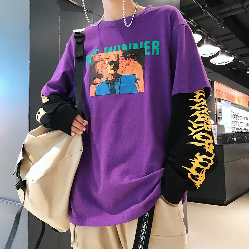  Men T Shirt Long Sleeve Patchwork Funny T Shirts T-shirt Men Hip Hop Harajuku Off White Palace Alie
