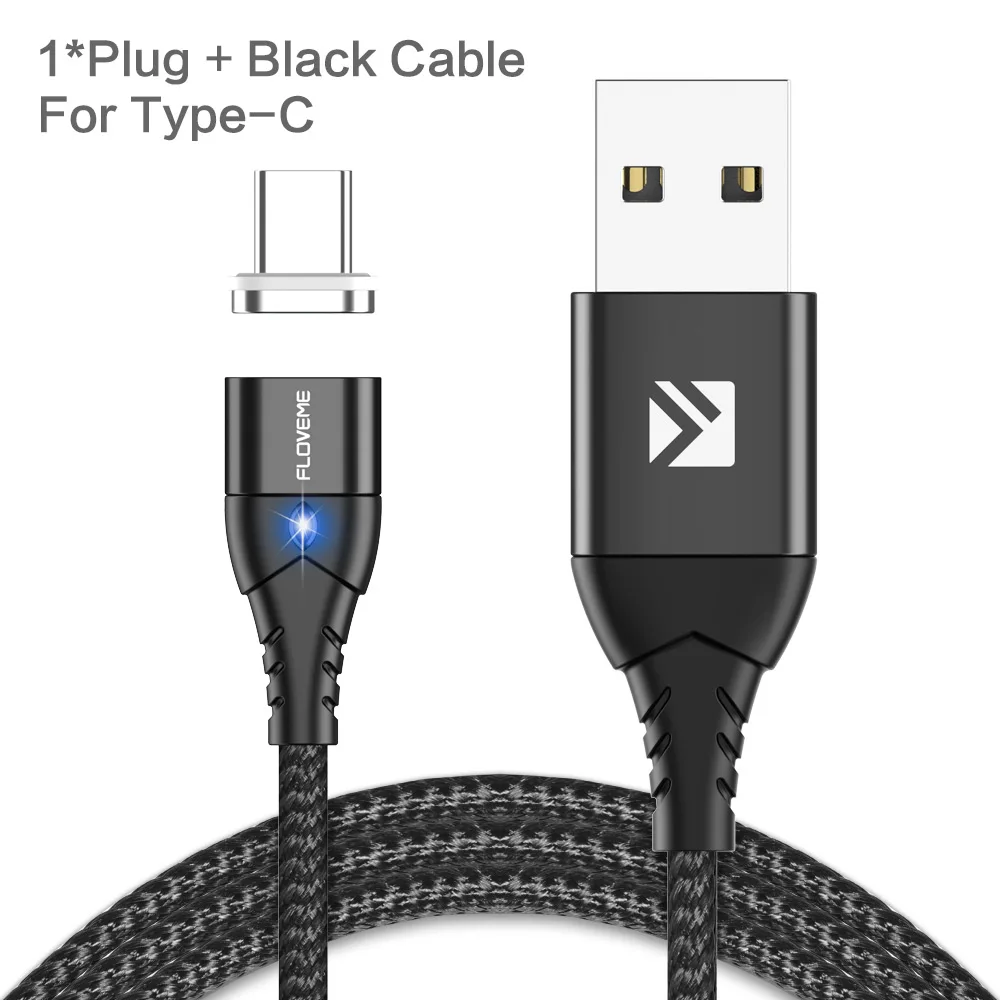 FLOVEME Магнитный кабель Micro usb type C для iPhone Lightning Кабель м 1 м 3A Быстрая зарядка USB-C type-C магнит зарядное устройство кабель для телефона магнитная зарядка магнитный usb кабель провод для зарядки шнур - Цвет: Black For Type C