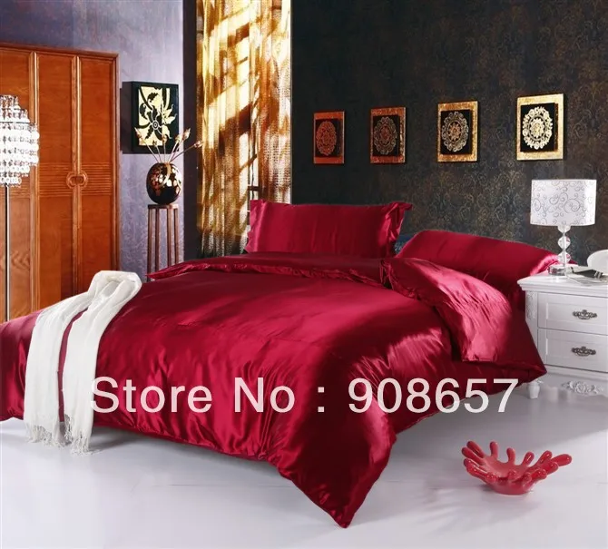 

burgundy luxurious Smooth Shiny imitated silk satin fabric bed linen girls bedding comforter queen/full quilt duvet covers set