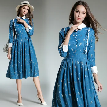 

European style women vestidos retro casual dress Printing large pendulum fashion dresses pleated blue clothes outfit lady M-XXL