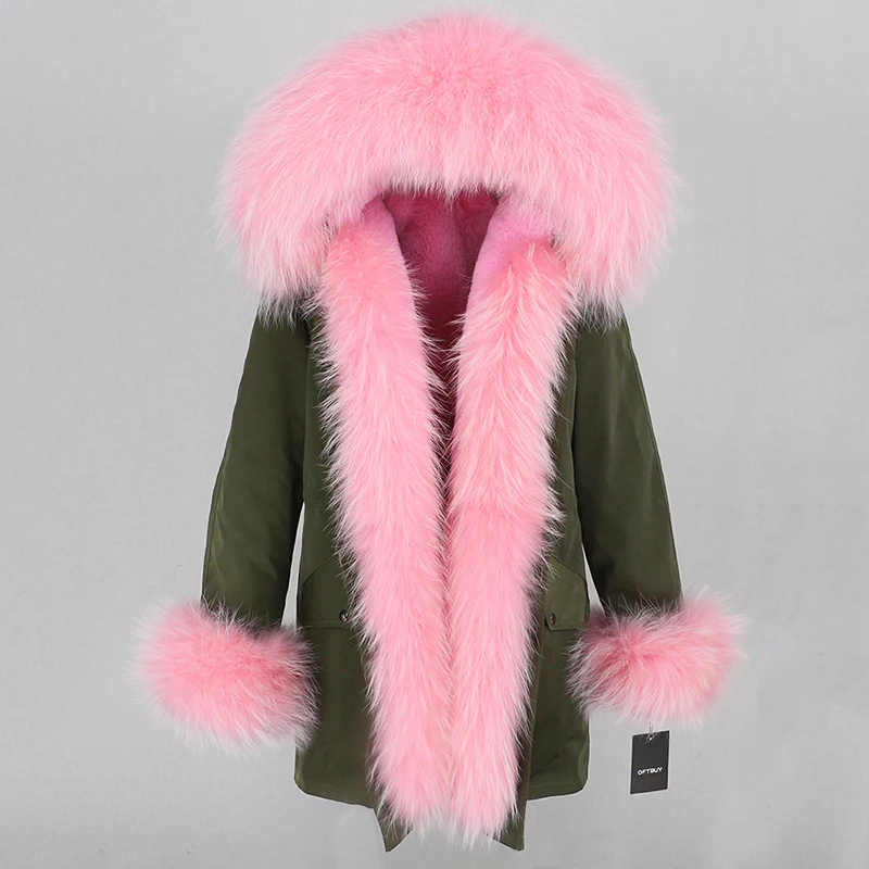 OFTBUY, пальто с натуральным мехом, зимняя куртка для женщин, натуральный мех енота, капюшон, водонепроницаемая, длинная парка, съемная, уличная одежда, роскошные парки, теплые - Цвет: green pink