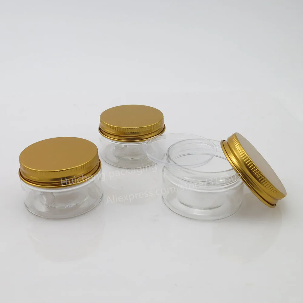 Empty PET Plastic Jars Aluminum Gold Lids Clear Pots Cosmetic 30g 1oz