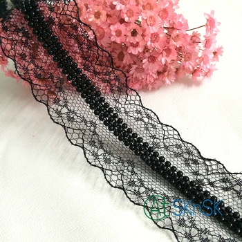 

Newest lace 50 yard 4cm width french dress black mesh lace trim african guipure beaded lace high quality lace ribbon A2