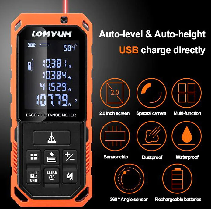 LOMVUM New Arrival USB Charge Bubble Level Laser Rangefinders Digital Laser Distance Meter Meter Distance Measurer Laser