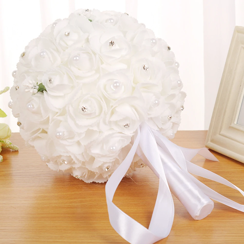 Невесты свадебные букет с жемчугом и атласной лентой, Шелковый Свадебный букет цветов для свадьбы для годовщины помолвки Вечерние