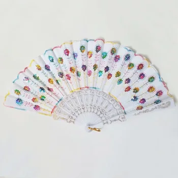 

Embroidered Flower Peacock Pattern Sequin Fabric Folding Handheld Hand Fan Hand-Crafted Wedding Dance Event Party Supplies