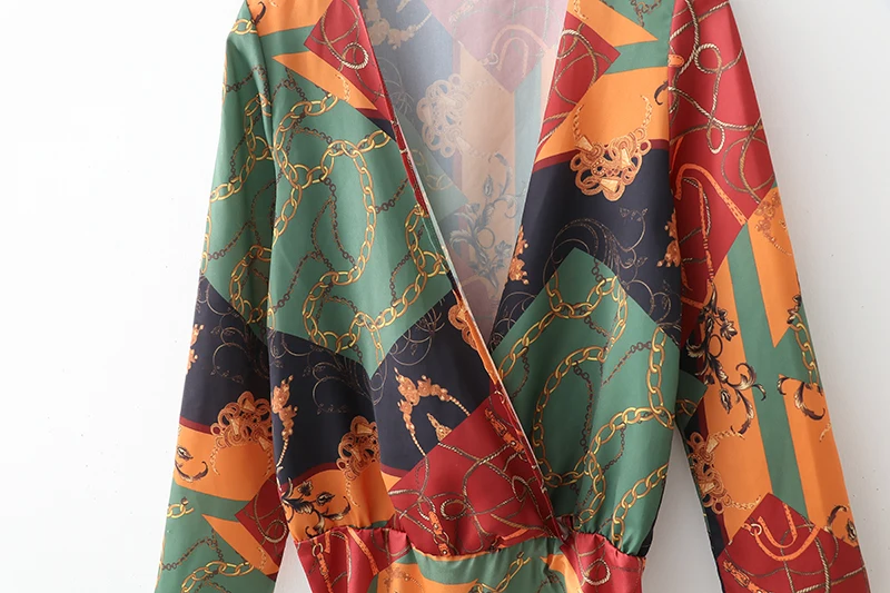 SheMujerSky осень с длинным рукавом боди с v-образным вырезом цепи модные принты шорты для женщин комбинезоны barboteuse femme