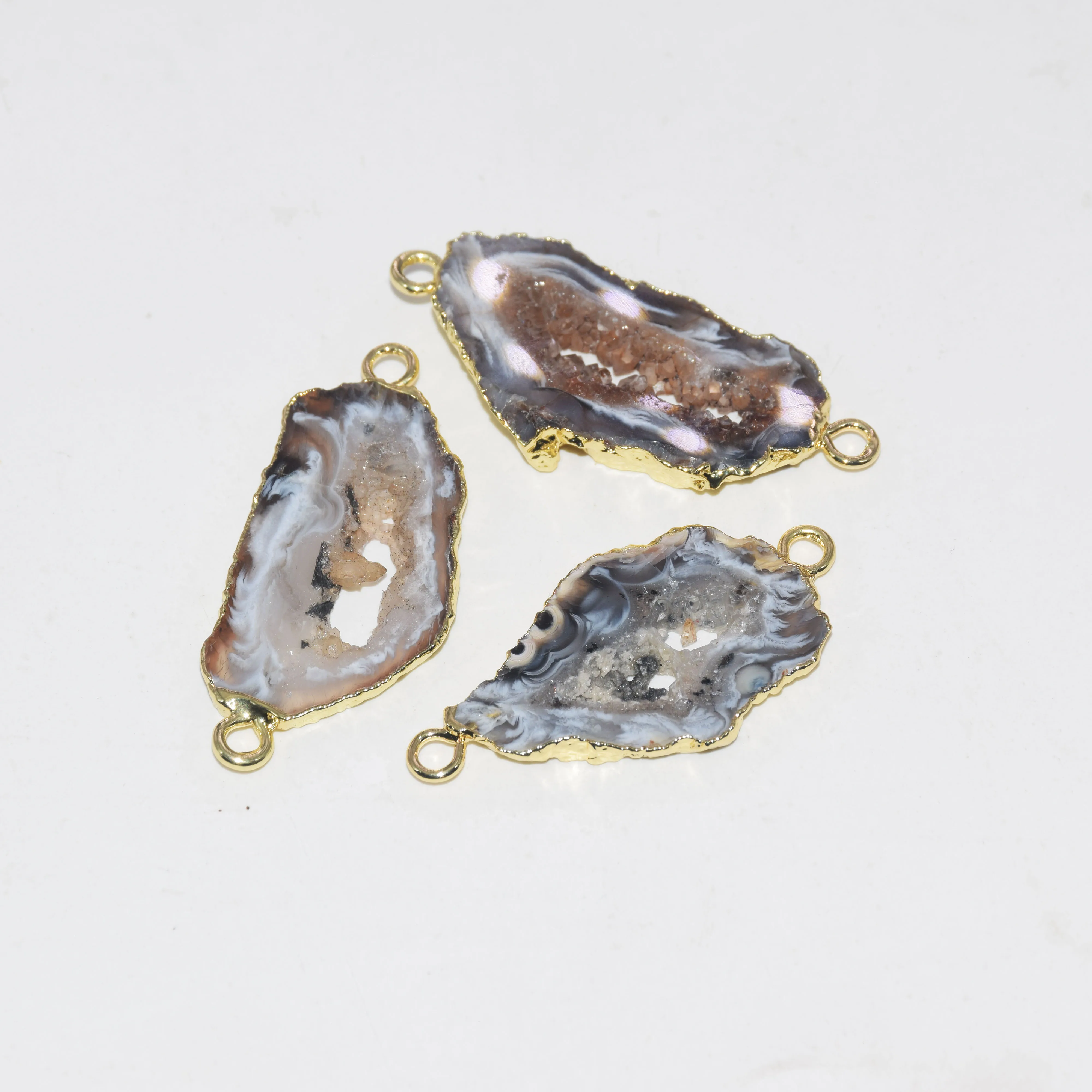 

Natural Geode Druzy Agates Pendant femme Grey Hole 2 Loop Gold bezel Slice Vintage stone connector for women accessories 2019