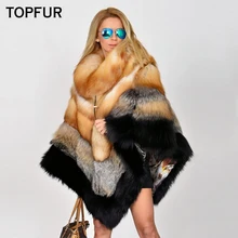 TOPFUR Real Fur Coat Women Natural Fox Fur Cape Women Cape Shawl Real Red Fox Fur Cape Shawl Bat Sleeved Fox Fur Cape Streetwear black chiffon loose bat sleeves cape shawl top