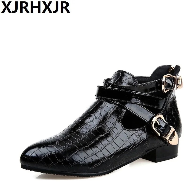

Women's Leather Ankle Boots Fashion Pointed Toe Buckle Crocodile Pattern Boots Women Spring Autumn Shoes Black Wine Size 34-43