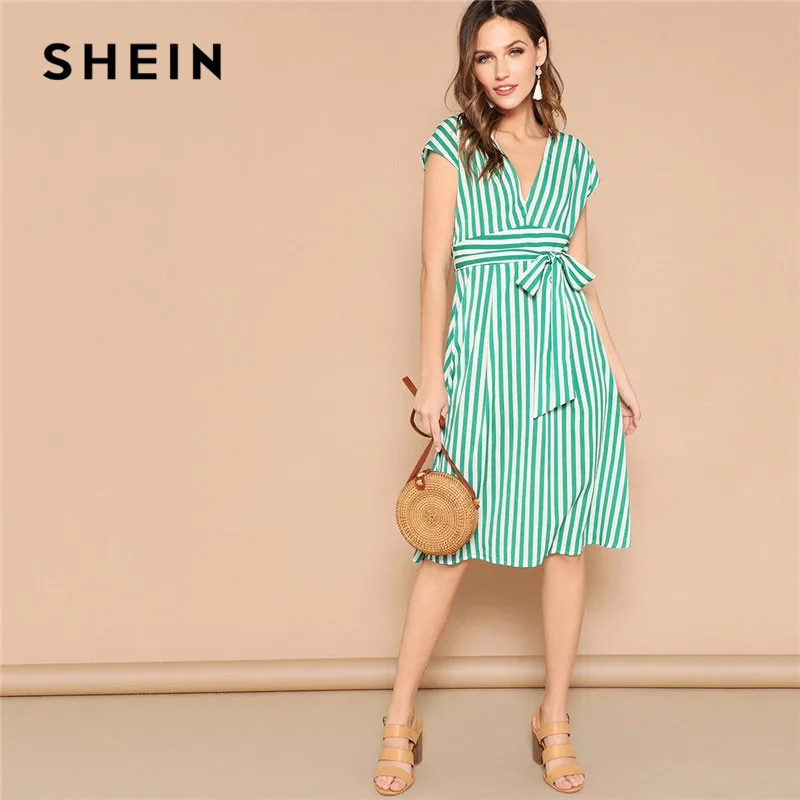 

SHEIN Green Boho Deep V Neck Mixed Striped Belted Midi Dress Women Summer Casual High Waist Batwing Sleeve A-Line Dresses