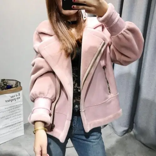 JQNZHNL новое зимнее пальто для женщин, тонкая кожаная куртка с мехом, модное женское пальто с отложным воротником, кожаные пальто P164 - Цвет: pink
