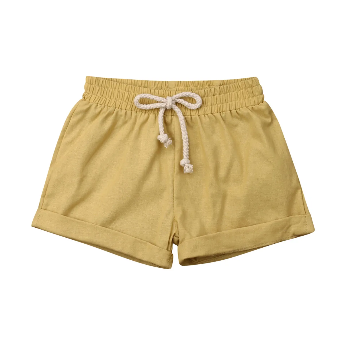 Хлопчатобумажные шорты для маленьких мальчиков и девочек, Летние Повседневные детские однотонные шорты на шнуровке, детские шорты унисекс с эластичной резинкой на талии - Цвет: Цвет: желтый